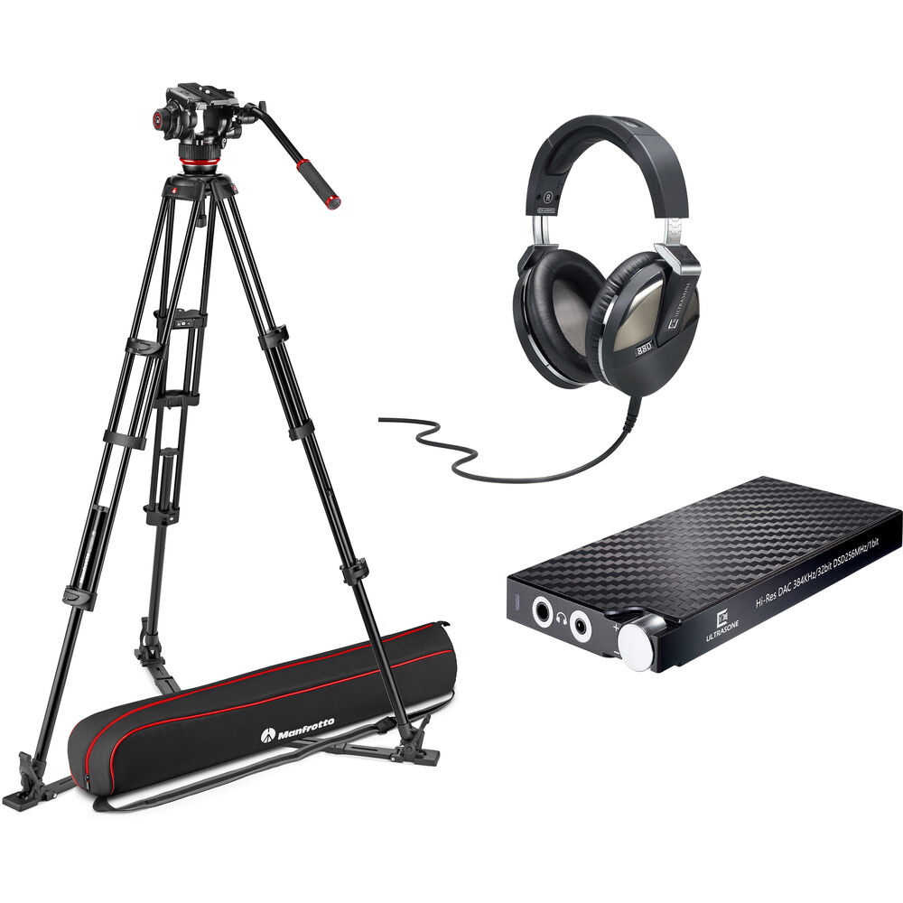Manfrotto 504X Fluid Head & Aluminum Tripod System with Ground Spreader, Ultrasone Headset & Amplifier