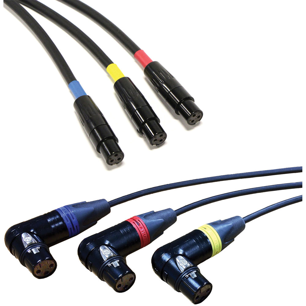 Cable Techniques 3-Pin XLR-F Right Angle to 3-Pin Mini XLR-F Balanced Audio Cable for UCR Receiver to Select Transmitter, Set of 3 (Red, Blue, Yellow)