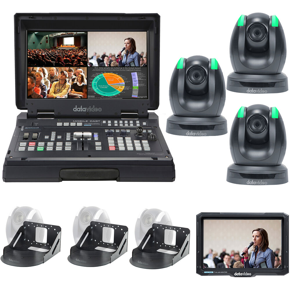 Datavideo Streaming Studio Kit with Switcher, 3 x PTZ Cameras, Wall Mounts & Monitor (Black)