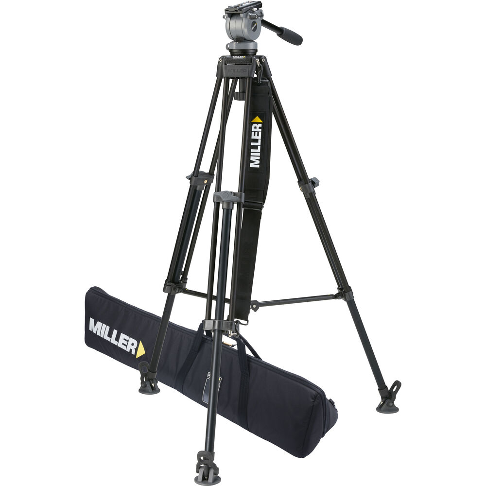 Miller DS-10 Aluminum Tripod System - consists of: DS-10 Fluid Head, DS 1-Stage Tripod, Mid-Level Spreader and Softcase - Supports 10 lbs